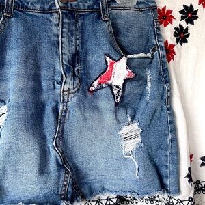 Denim Blue Distressed Women's skirt with Star Patch